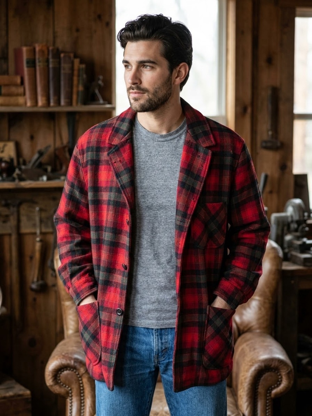 Vintage 70s Pendleton Wool Jacket Plaid Field Coat Shacket Red Black Sz XL
